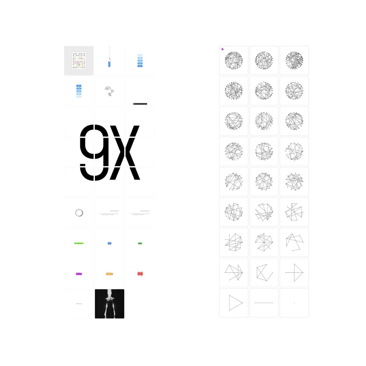 Two three-column grids: varied individual images on the left and network diagrams on the right.