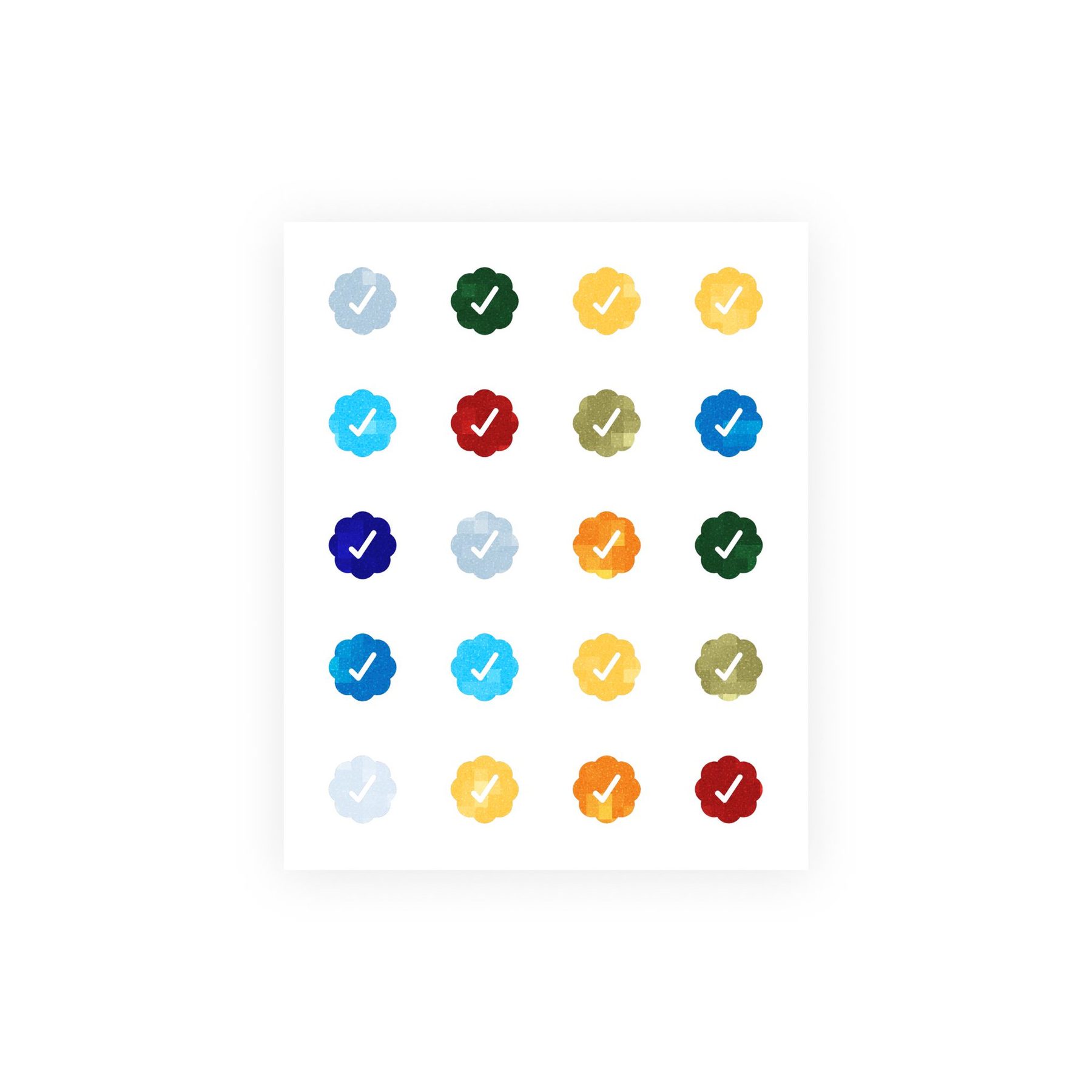 Checks Elements #82: a print of twenty verification badges in four columns, in blues, greens, golds, orange and red