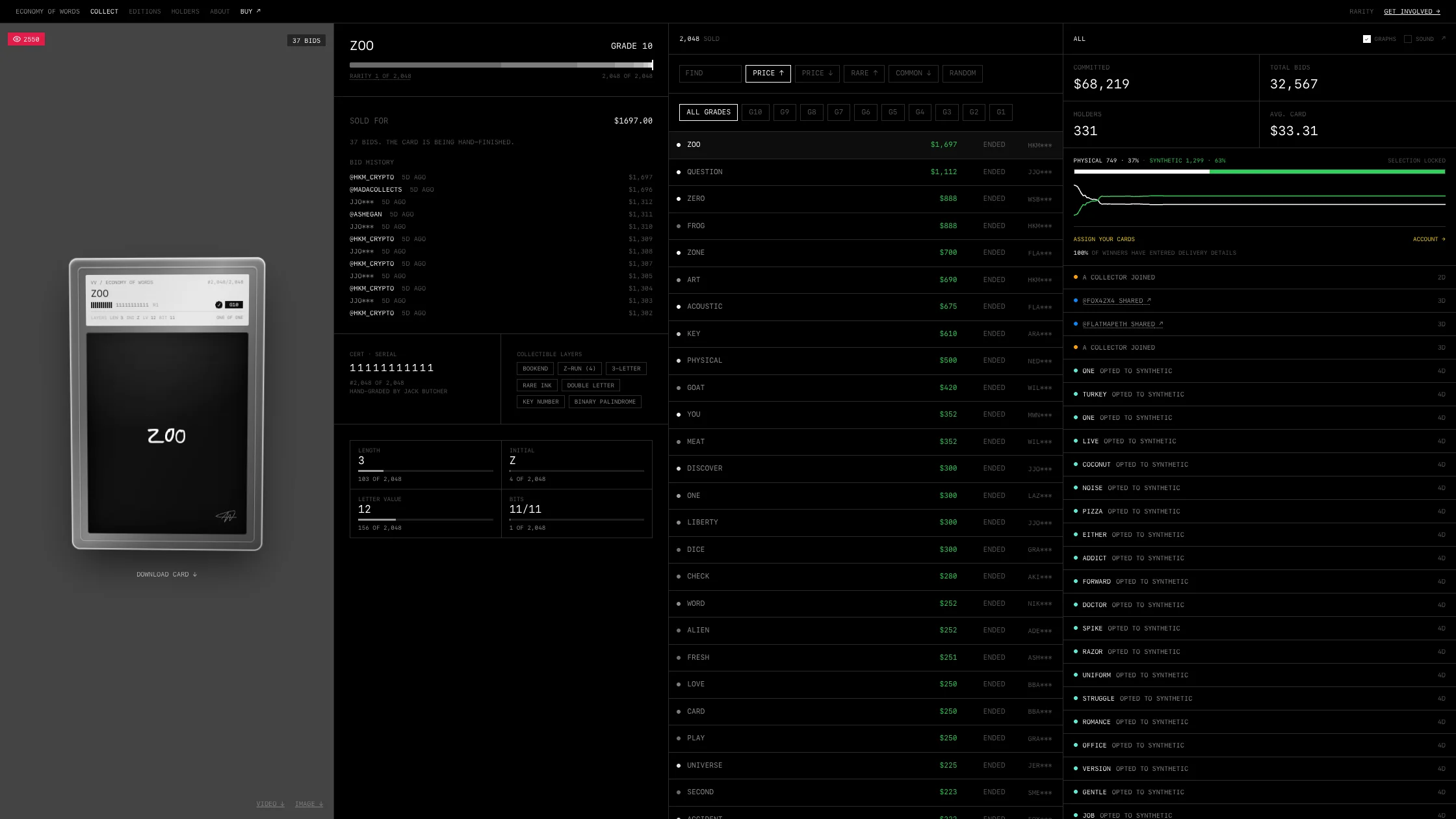 The collect board: every lot, every bid, and the physical to synthetic split, live.