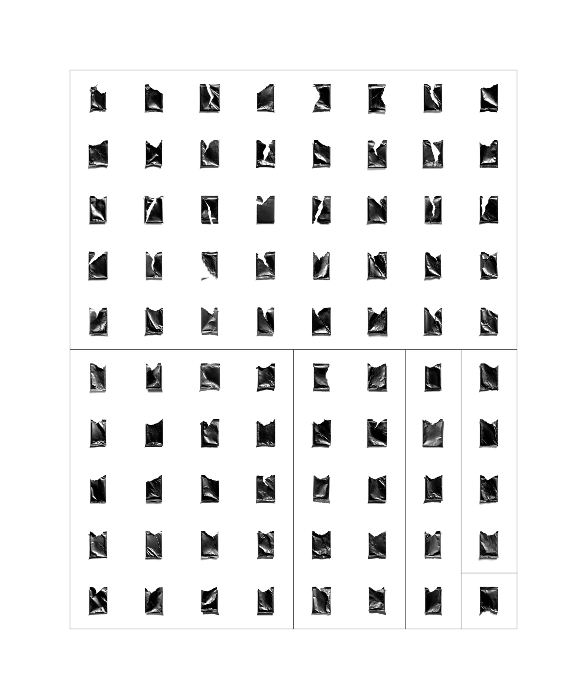 Grid of black torn card-pack wrappers on white backgrounds.